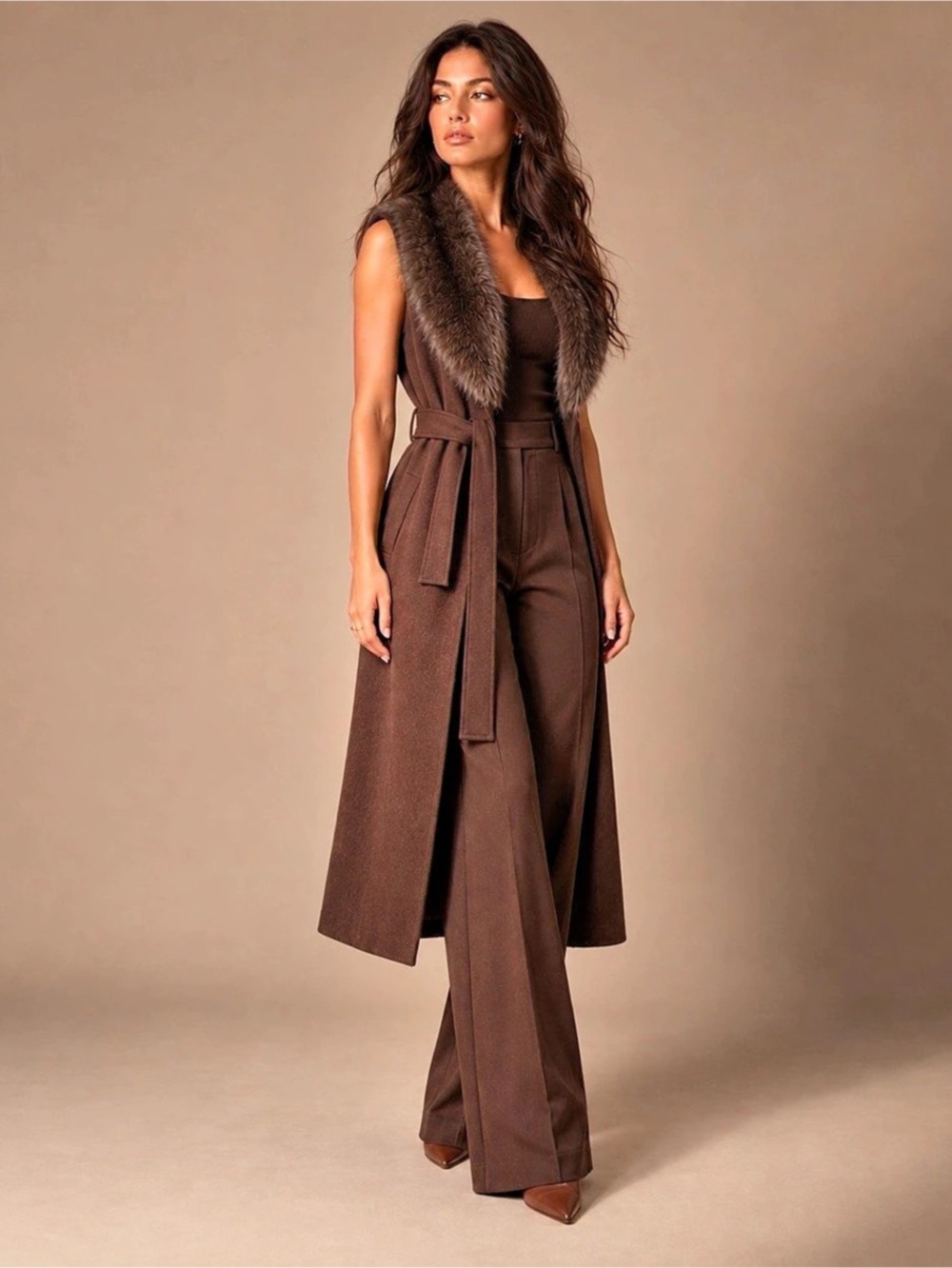 NWT Sleeveless Faux-Fur Collar Vest Coat - DARK BROWN